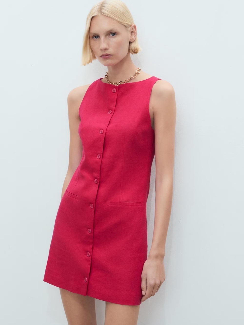 Mango fuchsia short button-down linen-blend dress NWT
